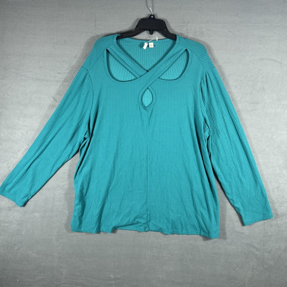 Cato Women's Plus Size 22/24 Teal Ribbed Knit Criss-Cross Cut Out Long Sleeve